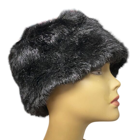 Vintage Black Faux Fur Pillbox Cossack Hat Size 7.5 Winter Glam Quiet Luxury main image 4